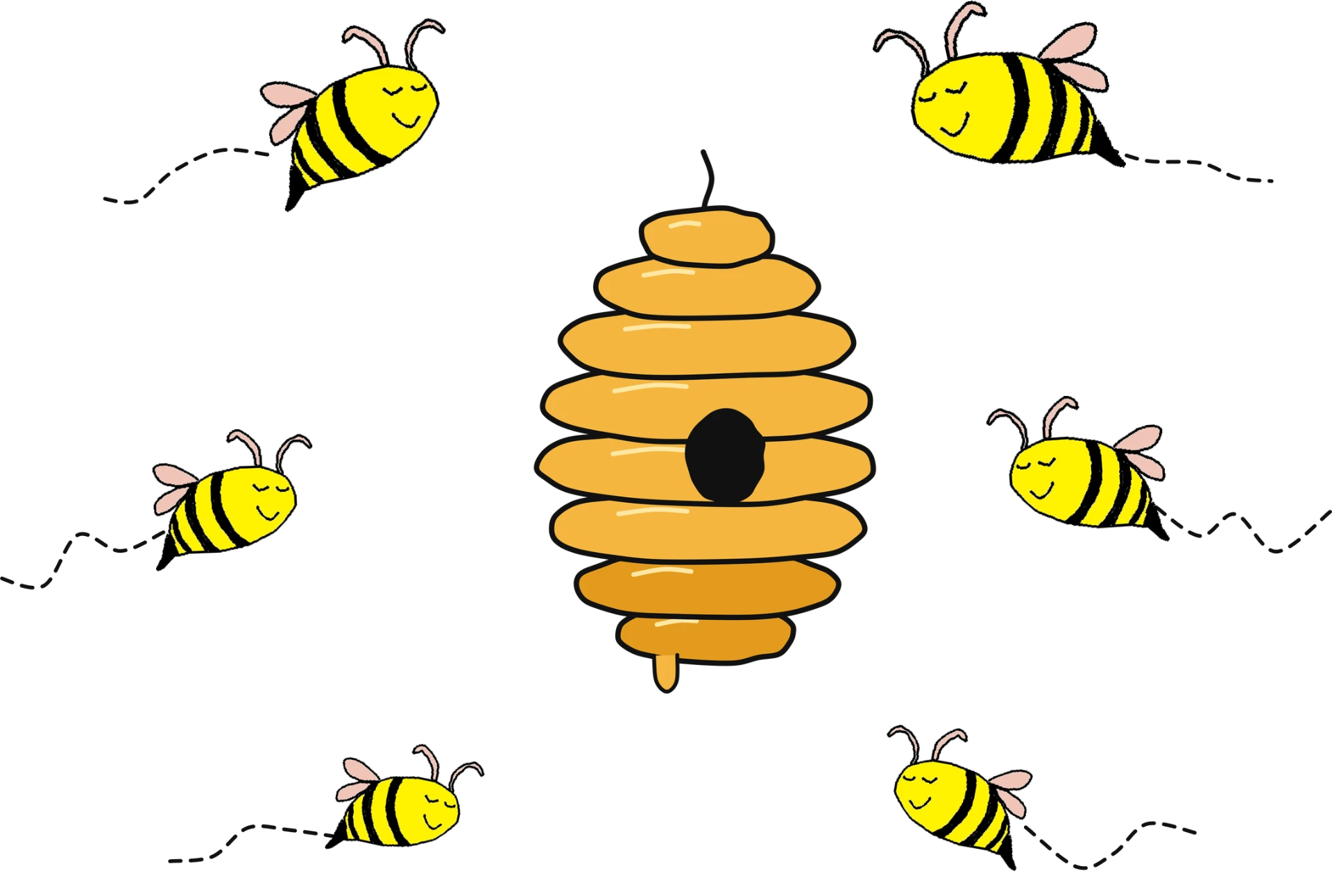 Six hand-drawn bees flying toward their shared honey hive