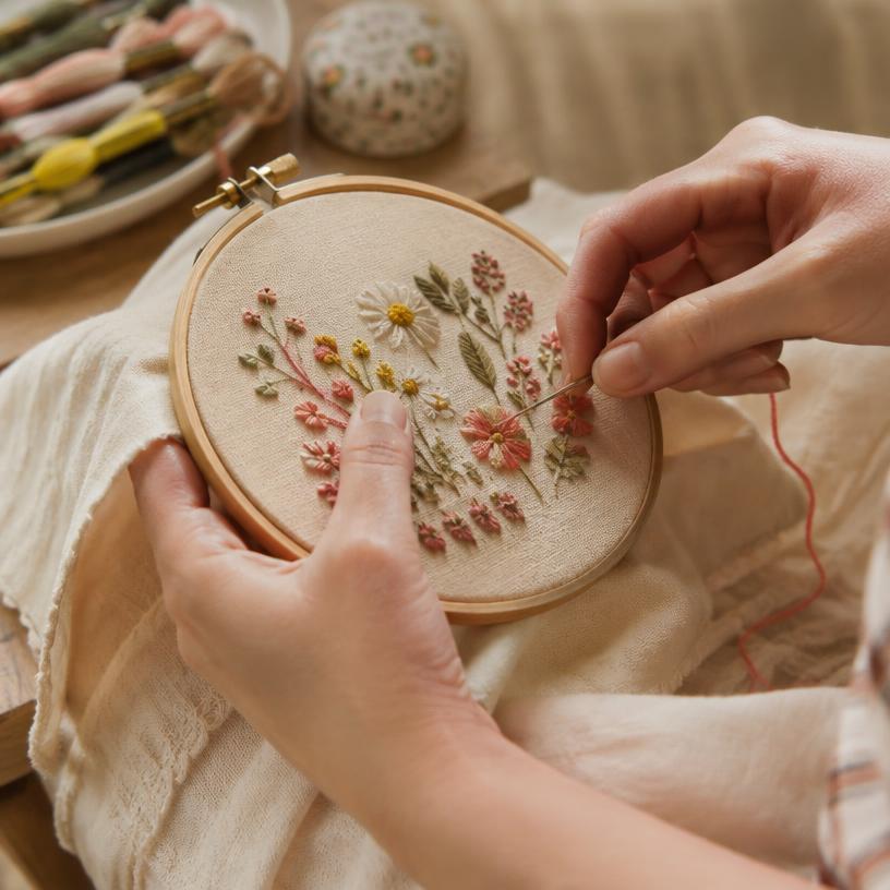 Hands stitching an embroidery hoop